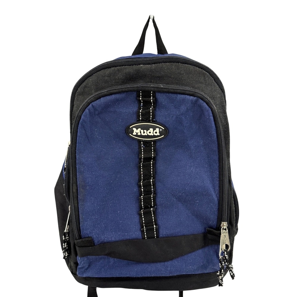 VTG Mudd Kids Blue Black Canvas Zippered Backpack Adjustable Logo Patch Y2K